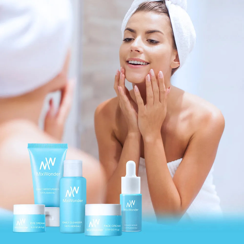 Five-piece travel skincare set with moisturising, cleansing, tonic, lotion, cream and eye lotion products