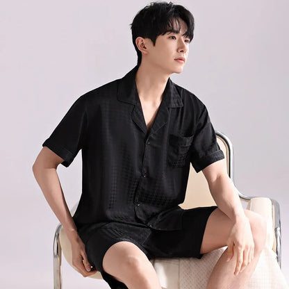 Men's lightweight ice silk pyjama set with cardigan top and short pants in satin jacquard pattern