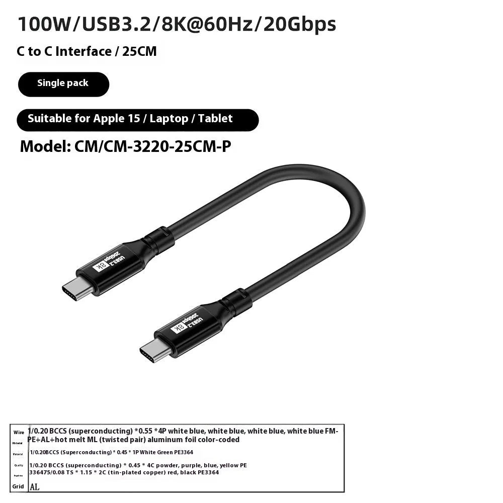Black USB C to C HDMI cable with Type-C connectors, PVC jacket, and 8K 60Hz 20Gbps 100W ratings