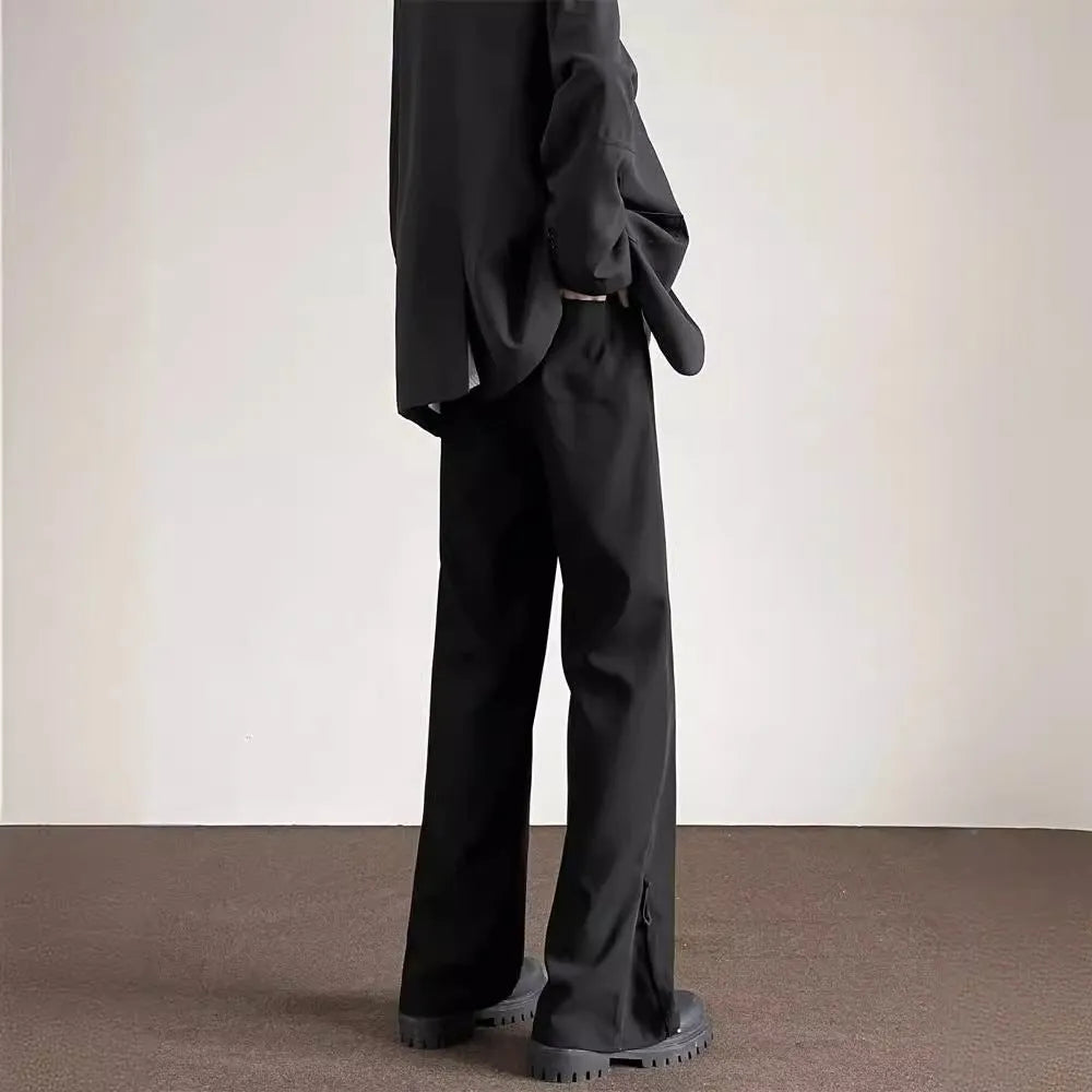 Men's straight leg casual trousers in black or brown, polyester blend, drawstring mid waist, sizes M-XXL