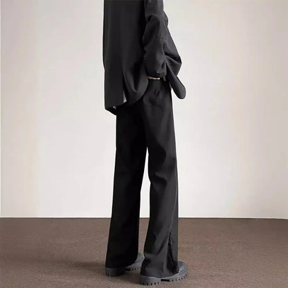 Men's straight leg casual trousers in black or brown, polyester blend, drawstring mid waist, sizes M-XXL