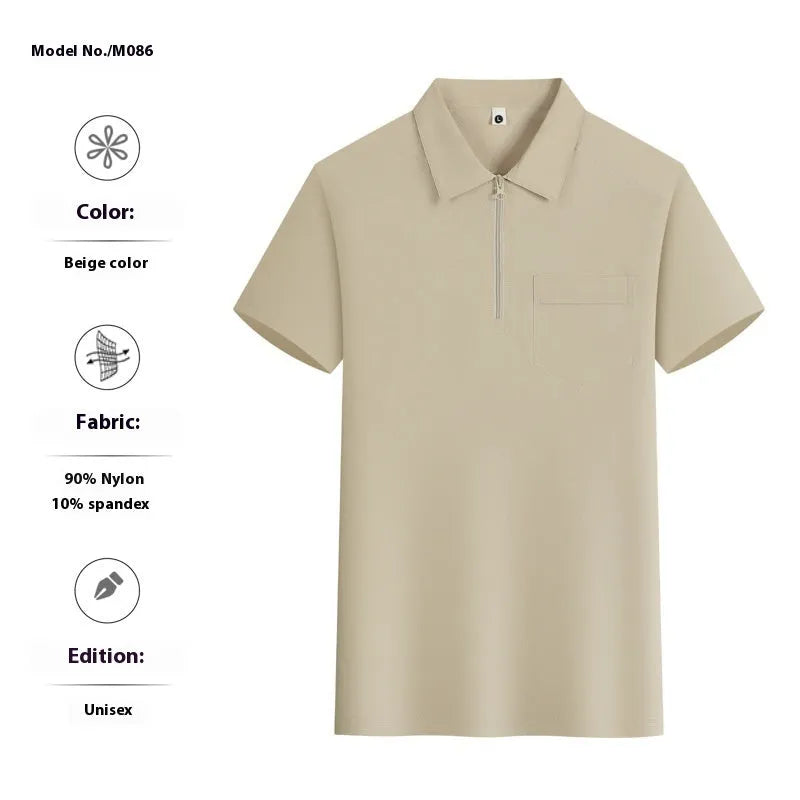 Short sleeve nylon advertising shirt with zipper pockets on lapels in silver fox grey colour