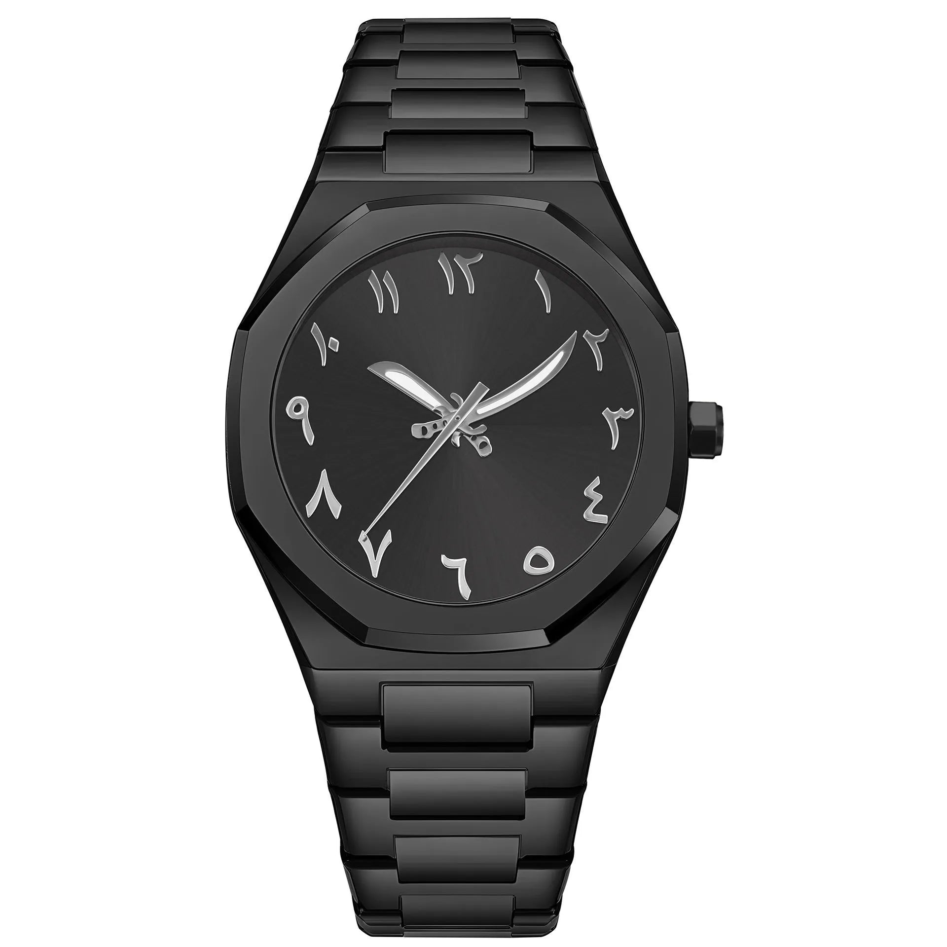 Men's business casual quartz watch with steel belt in black and silver colours, showing 10mm thick case.