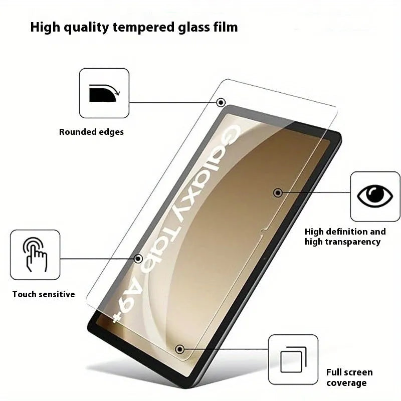 Tempered glass screen protector for Samsung Galaxy Tablet showing HD clarity and full-screen coverage.