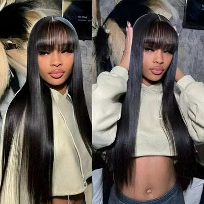 Natural colour straight fringe human hair wig on a stand, showing full-mechanism headgear.
