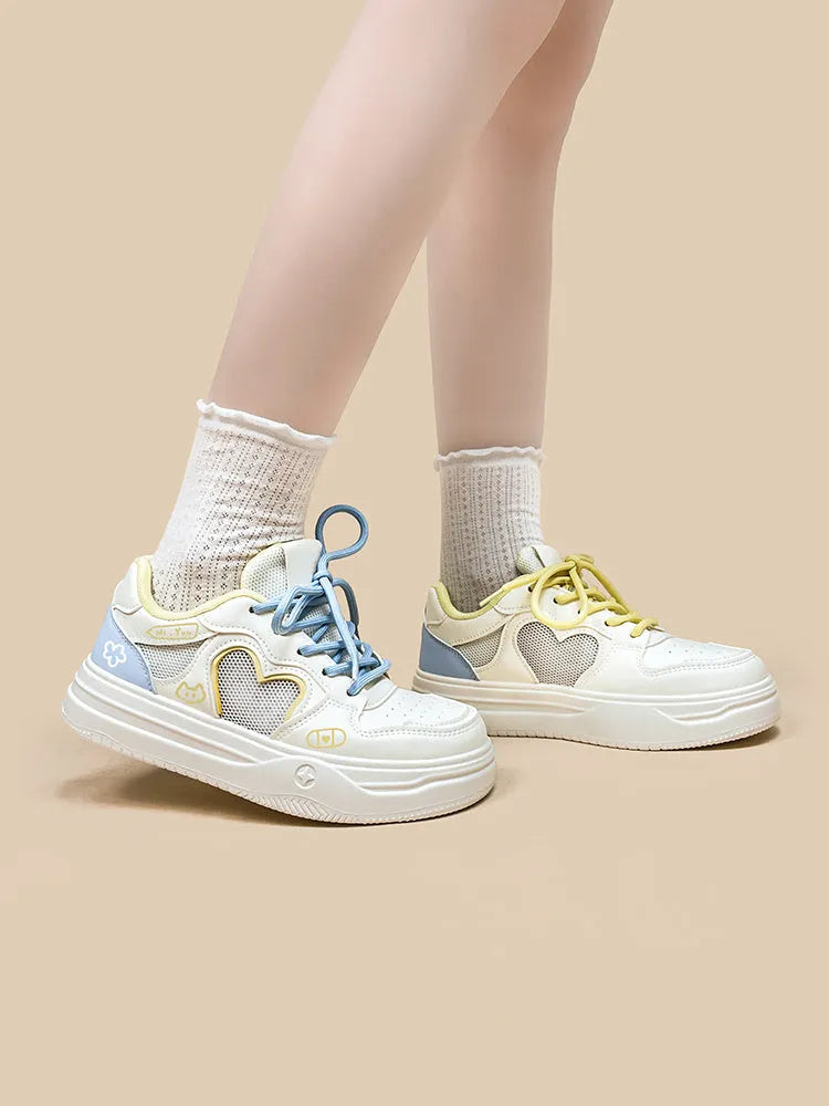 Korean-style mesh sneakers in Meow Rabbit Sea Salt Cheese colour with cross straps