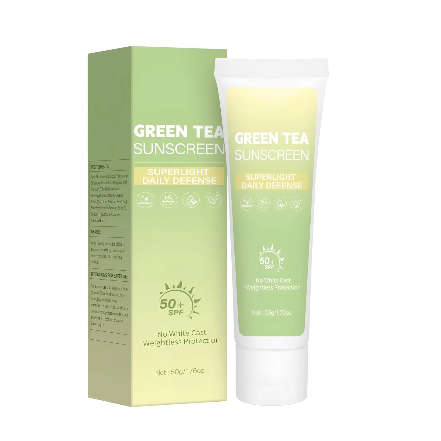 Green tea SPF50 sunscreen cream in 30ml tube for facial UV protection