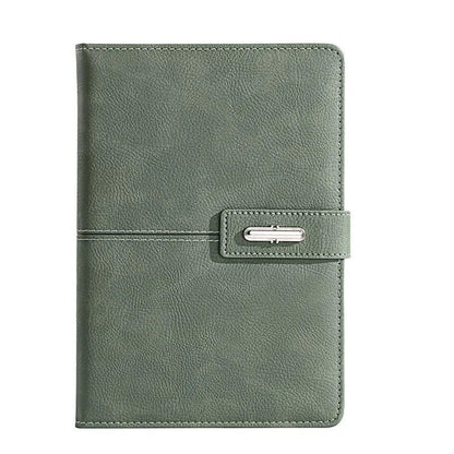 A5 notebook with imitation leather cover in colour options including black, red, green, blue, and orange.