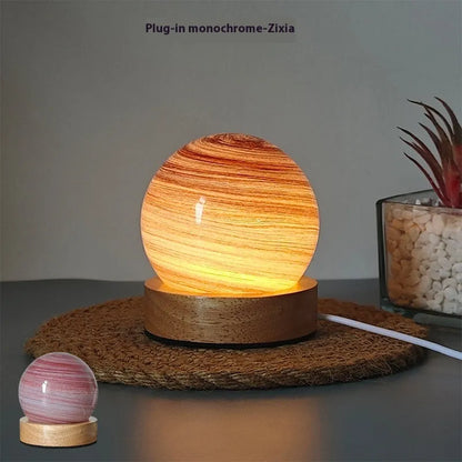 Planet night light with USB cable and base, showing 80mm model and three-colour dimming options