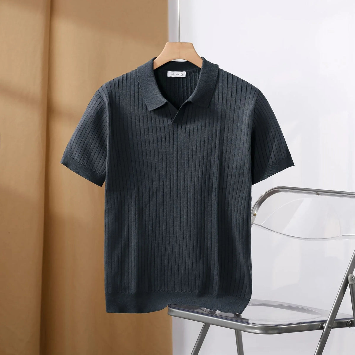 Striped jacquard sweater top and trousers set with American lapel and short sleeves, shown in black pants and brown top