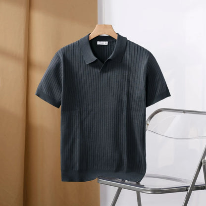 Striped jacquard sweater top and trousers set with American lapel and short sleeves, shown in black pants and brown top