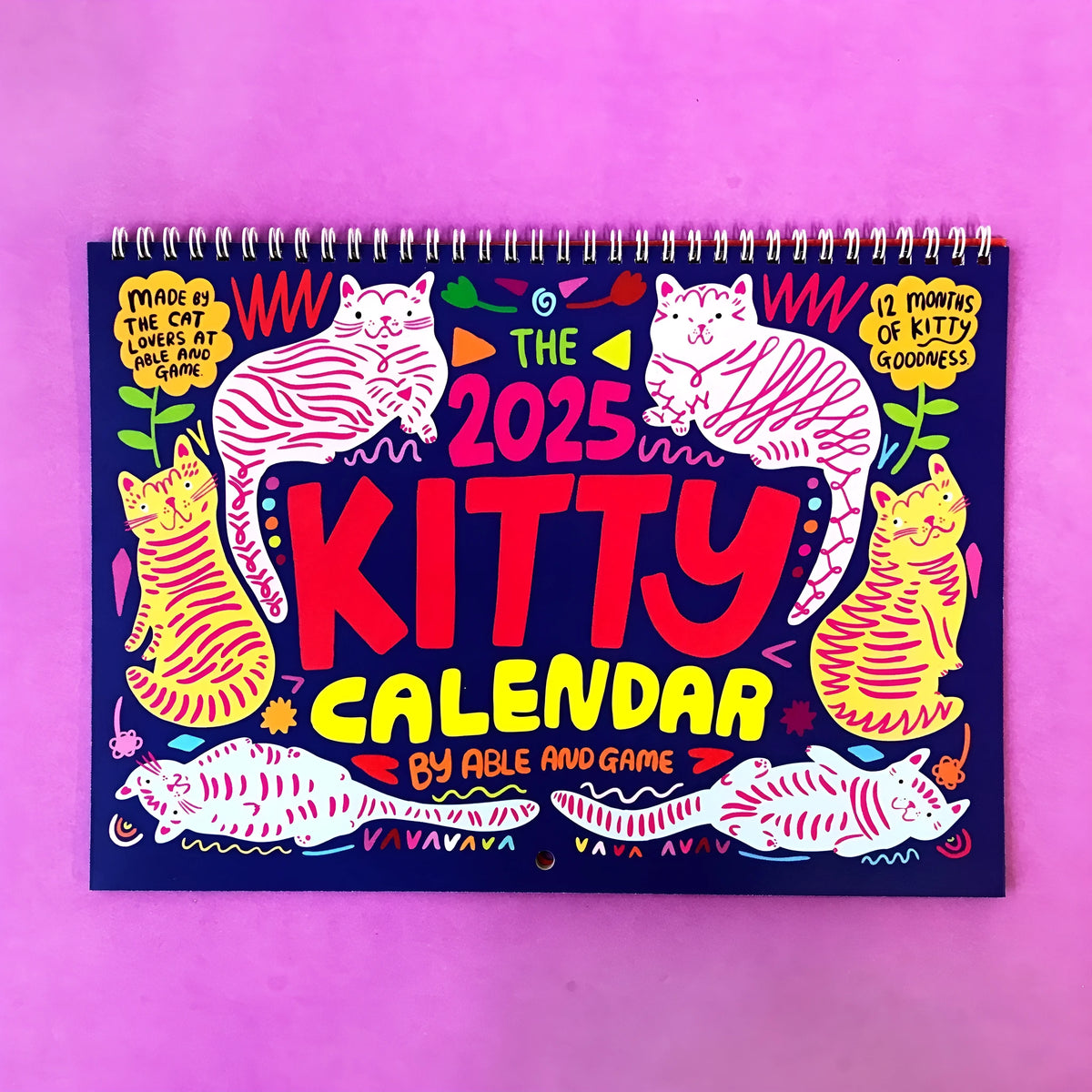 A3 size cat-themed wall calendar planner with monthly grid and illustrations.