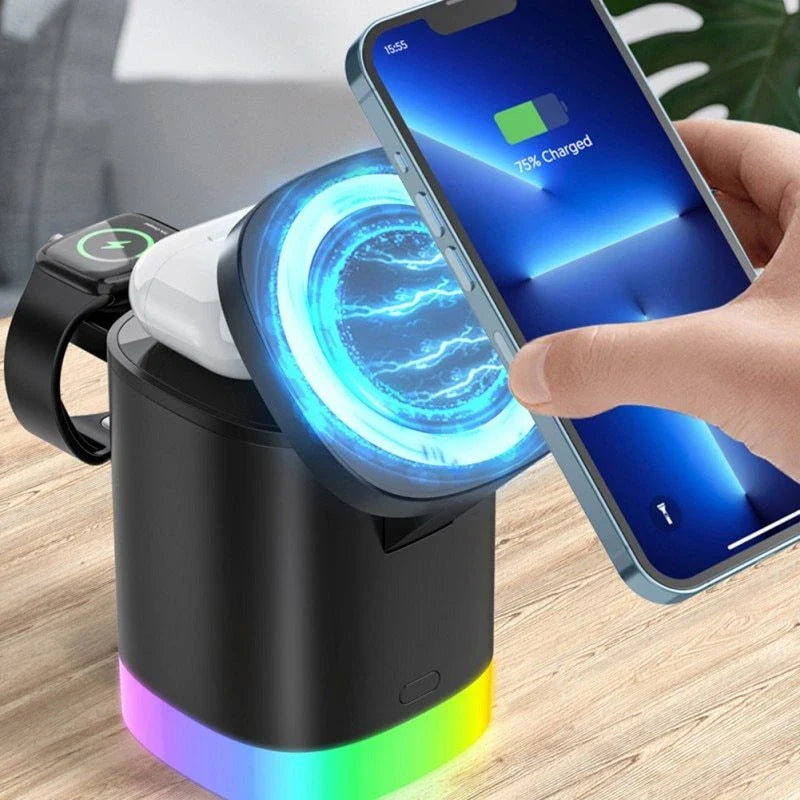 3-in-1 wireless charging station with magnetic functionality and smart lighting for smartphones, smartwatches, and earbuds