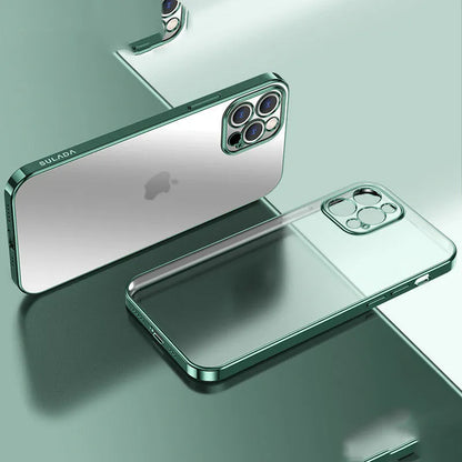 Square frame clear matte silicone iPhone case for iPhone 13 shown in blue colour