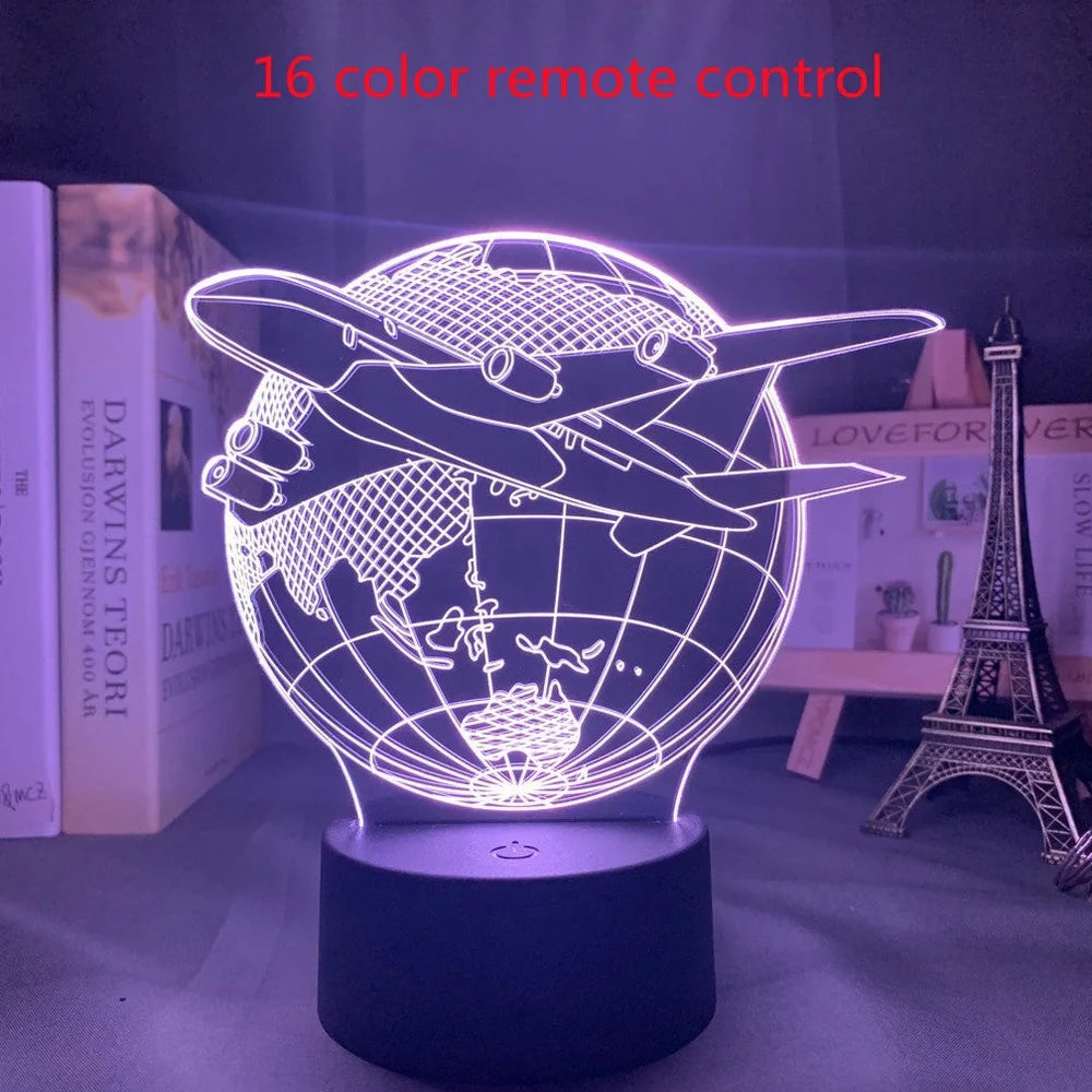 Custom 3D aeroplane hologram night light with personalised name, showing optical acrylic panel and ABS base