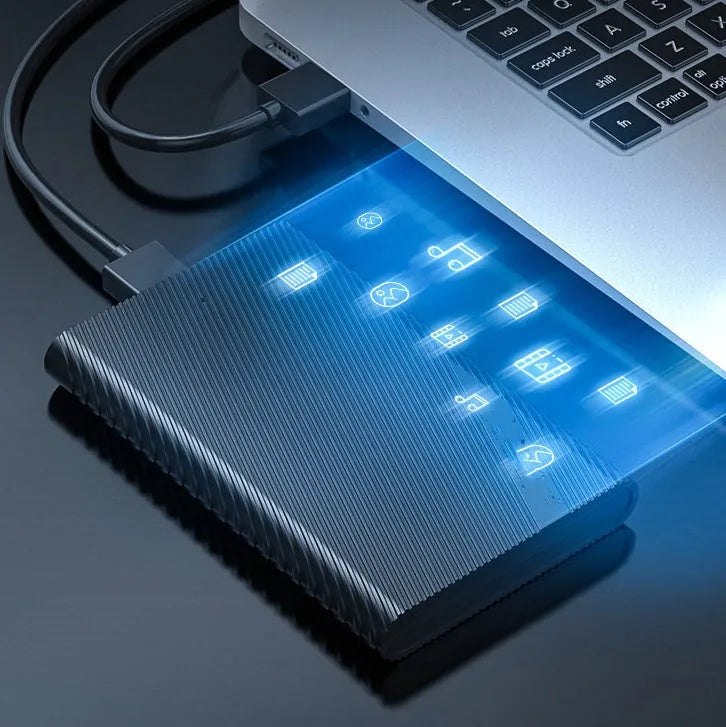 Black 2.5-inch SATA external hard drive case with USB 3.0 Micro-B, 5Gbps, 4TB support, 128x80x15mm