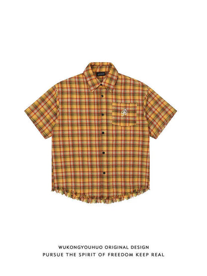 Yellow grid pattern short sleeve plaid shirt with embroidered pocket, loose fit casual shirt