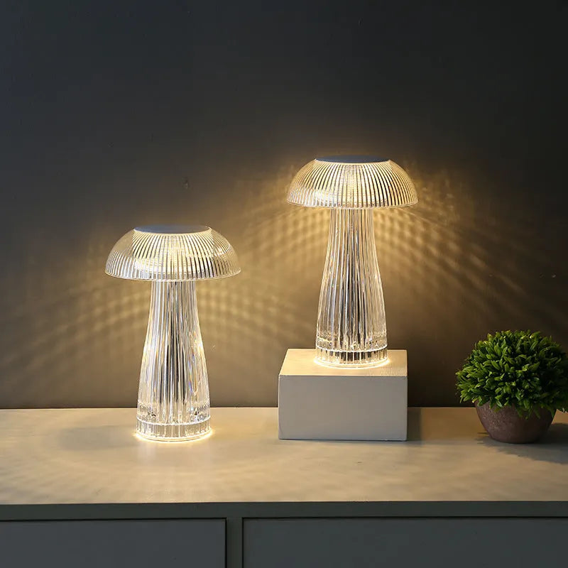 White jellyfish crystal table lamp with colour-changing lights on acrylic base