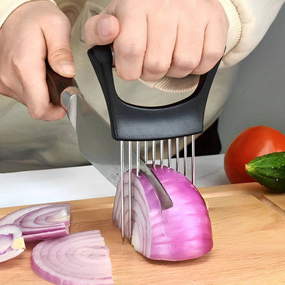 Stainless steel onion holder with black ABS handle for slicing and meat tenderising
