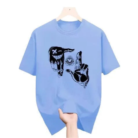 Men's mesh T-shirt with cartoon pattern in bird eye cloth polyester, showing round neck and short sleeve design