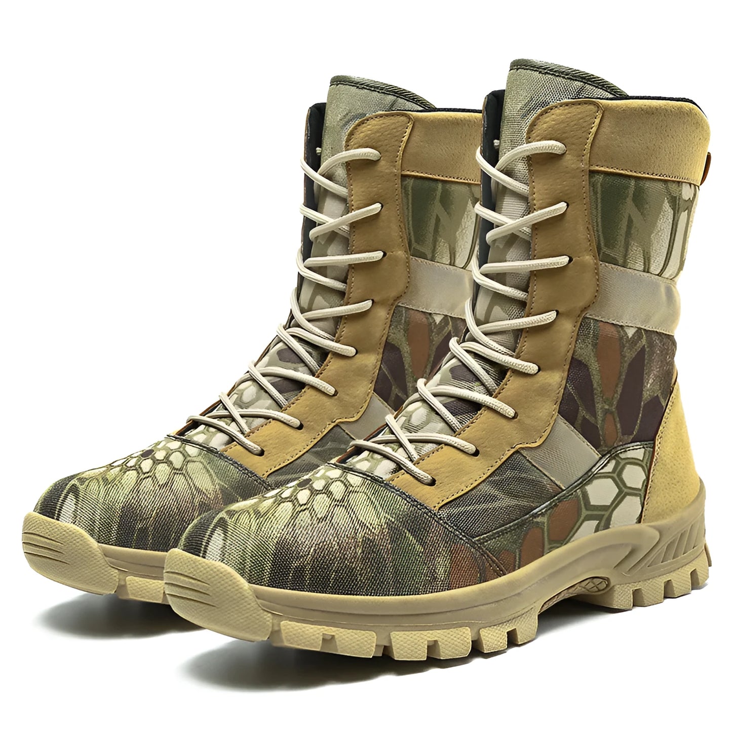 Men's plus size high-top Martin boots with mesh upper and totem detailing in black and camouflage colours