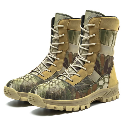 Men's plus size high-top Martin boots with mesh upper and totem detailing in black and camouflage colours