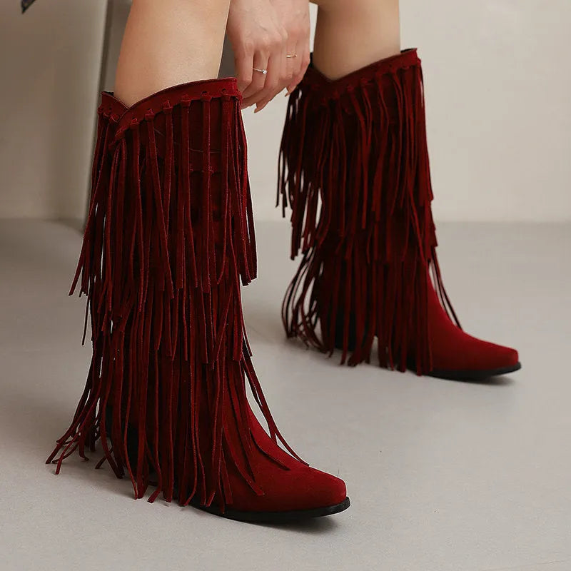 Women's high boots in suede with short chunky heel and waterproof platform sole for autumn and winter wear, featuring tassel detail and square toe design available in black, brown, red, yellow, and beige colours in sizes 34 to 39