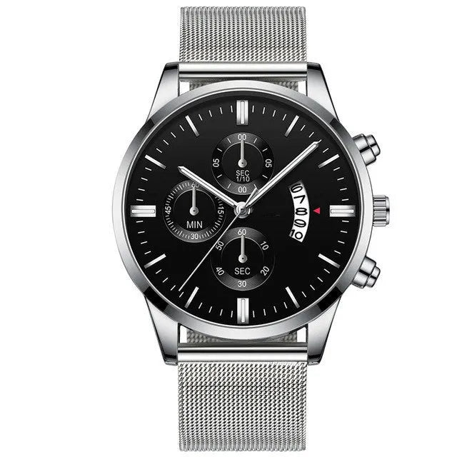 Men's stainless steel mesh band quartz watch with analog dial on a wrist.