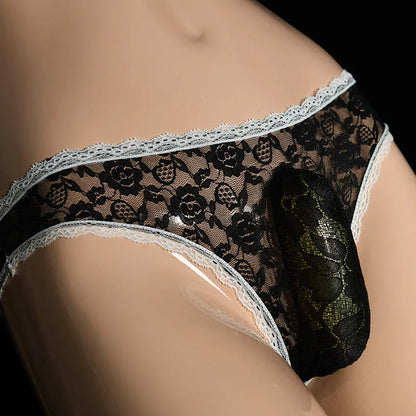 Men's lace triangle underwear with vertical pouch design in red colour on a mannequin.