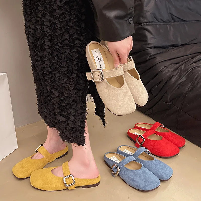 Women's closed toe flat slippers in apricot colour with square toe shape and rubber sole