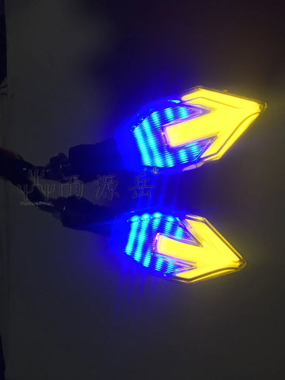 Arrow-shaped LED motorcycle directional turn signal light for 12V systems.