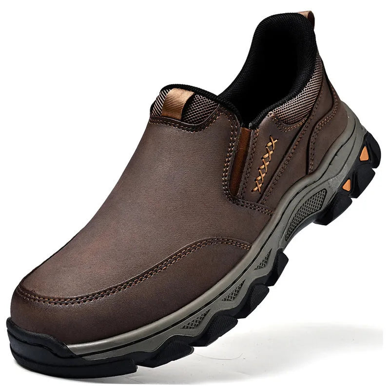 Men's round-toe casual leather shoes with a flat heel and rubber sole in black, brown, or grey.