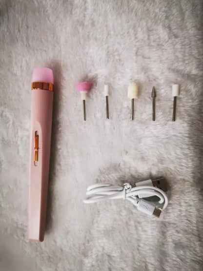 Cordless electric nail drill polisher set with USB charging cable and five grinding heads in white, red, pink colours