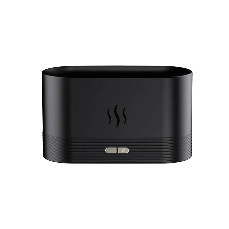 Black square ultrasonic aroma diffuser with flame light effect and mist output.