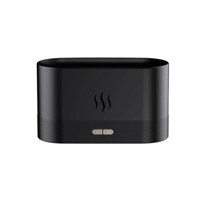 Black square ultrasonic aroma diffuser with flame light effect and mist output.