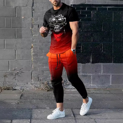 Men's printed short-sleeved pullover and trousers set in polyester blend fabric