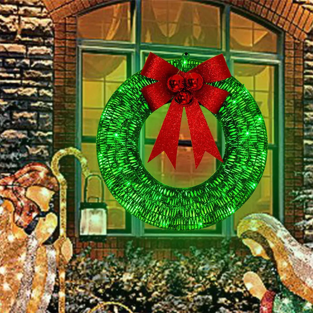 50cm gold and green LED Christmas wreath with fabric bowknot decoration