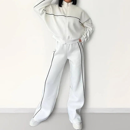 Women's casual suit with long sleeve mock neck hoodie and striped lace-up trousers in apricot colour
