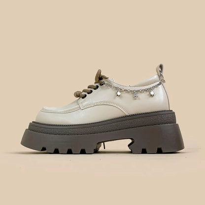 White British style platform leather shoes with chunky heel and round toe design