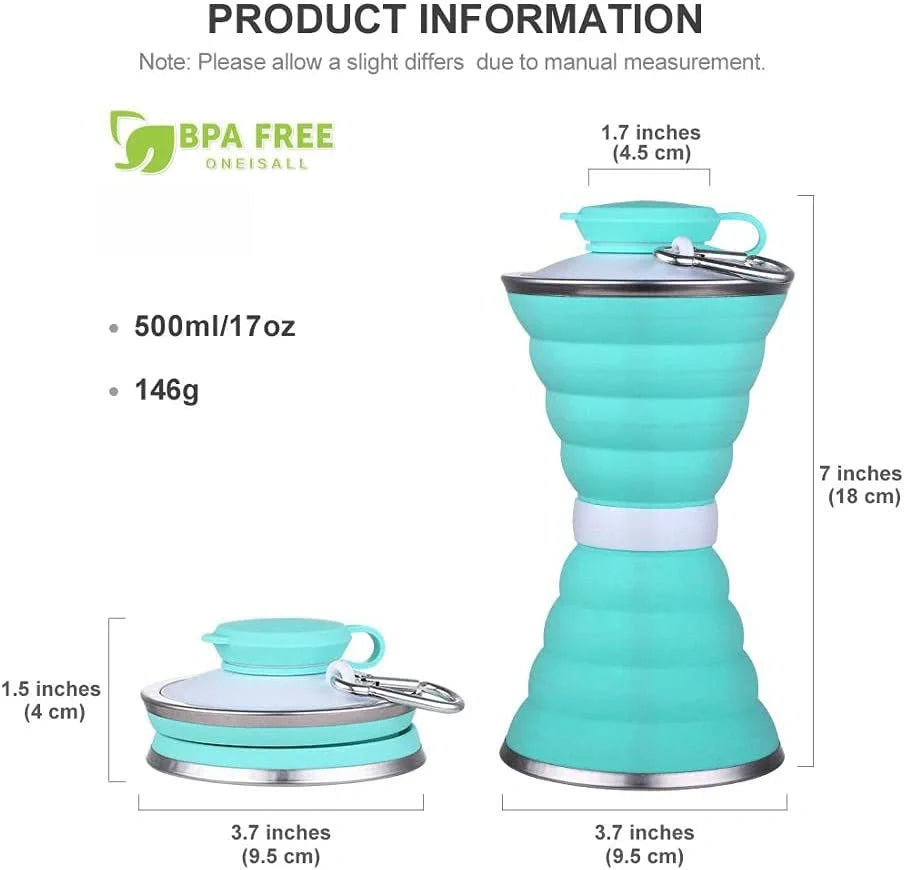 500ml foldable silicone water bottle in various colors, showcasing its compact and leak-proof design
