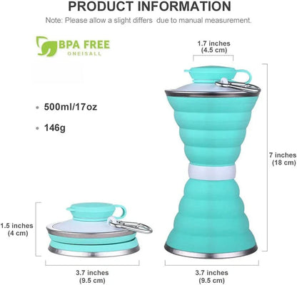 500ml foldable silicone water bottle in various colors, showcasing its compact and leak-proof design