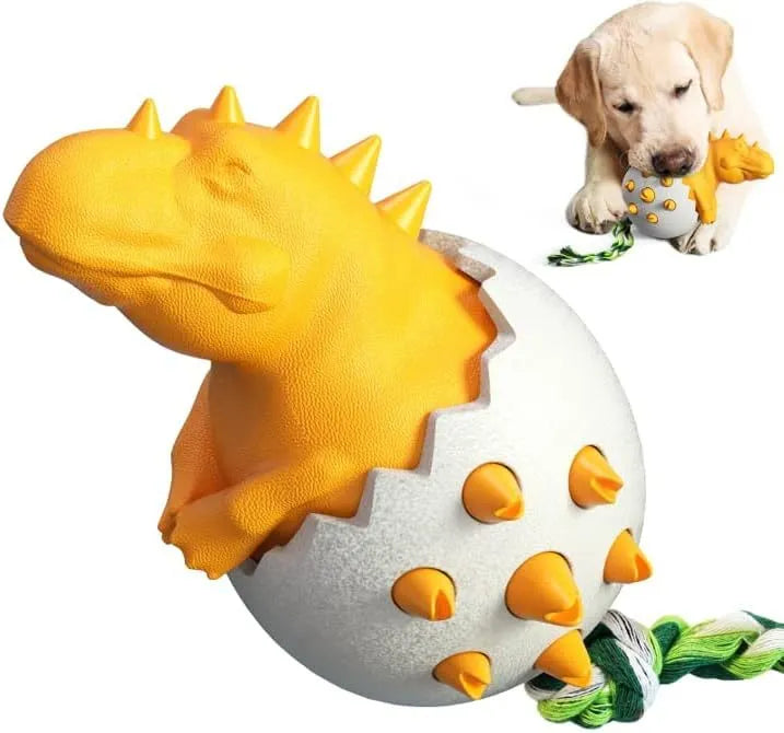 Blue dinosaur-shaped dog chew toy with rope attached, showing textured surface with nubs and grooves