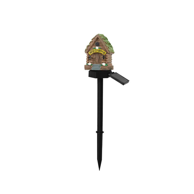 Flower-shaped solar garden light with resin housing for outdoor decorative lighting.