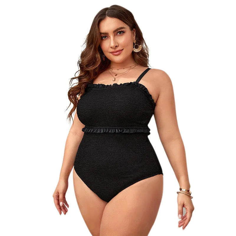 Black plus size women's triangle bikini swimsuit with double shoulder straps and belly cover.