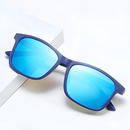 Men's polarised sunglasses with a blue frame and ice blue lenses for outdoor sports and driving.