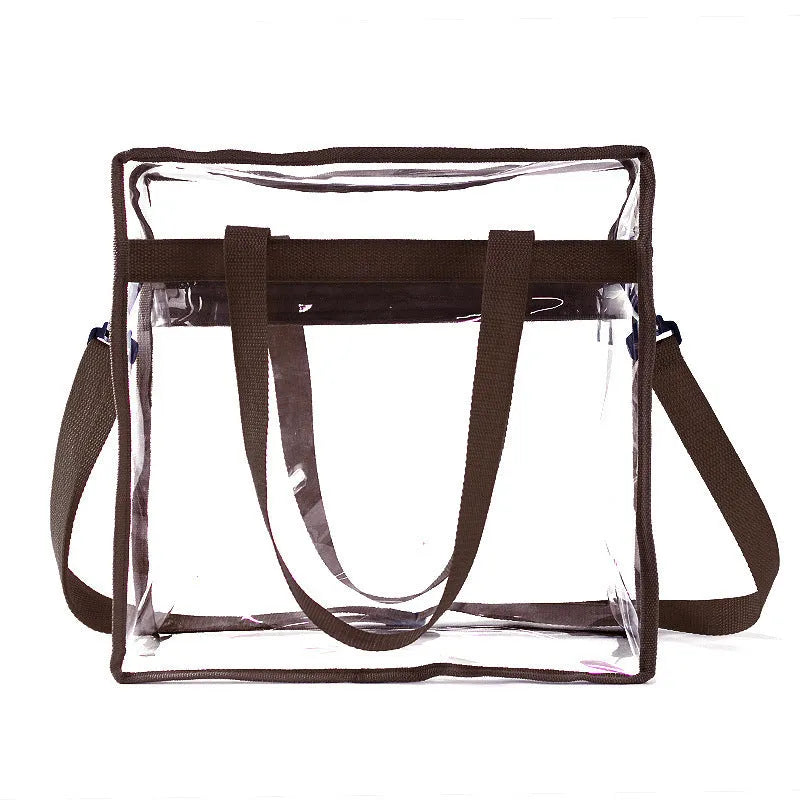 Clear PVC women's messenger bag with a coloured front panel and double shoulder straps.