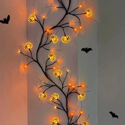 Enchanting Halloween vine lights with playful bat and pumpkin designs, creating a mesmerizing holiday display