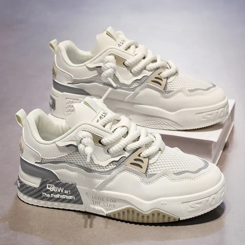 Men's low-top board shoes in beige, white and black, and white and yellow colour options.