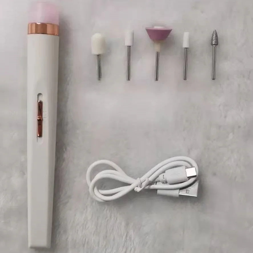 Cordless electric nail drill polisher set with USB charging cable and five grinding heads in white, red, pink colours