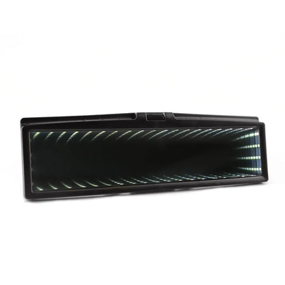 280mm wide flat car rearview mirror with anti-glare coating and coloured LED lighting frame in blue.